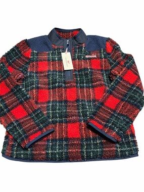 Vineyard Vines Kids Red & Navy Plaid Sherpa Quarter-Zip Pullover